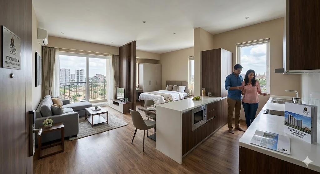 Interior view of a smartly designed, premium studio apartment by Prestige Group in Hyderabad.